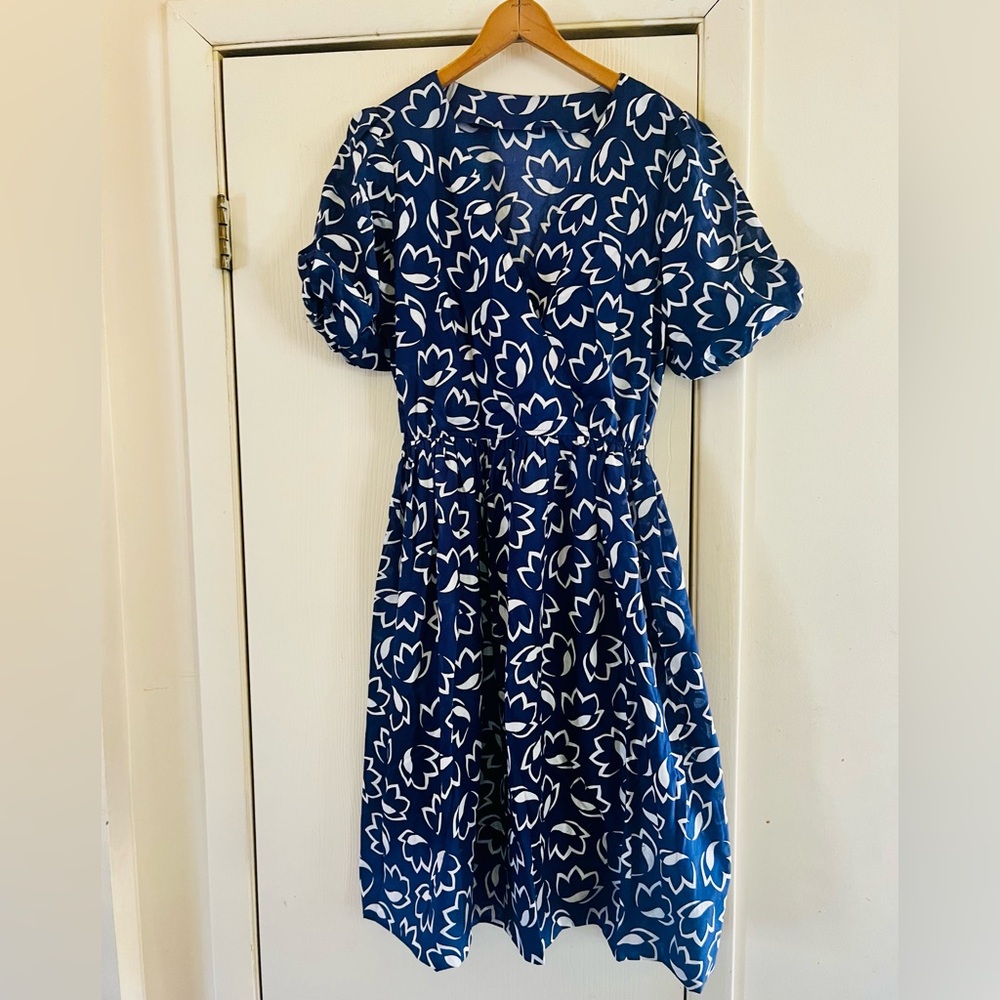 VTG Handmade 70s Rayon Balloon Sleeve Fit Flare Cottagecore Midi Dress M